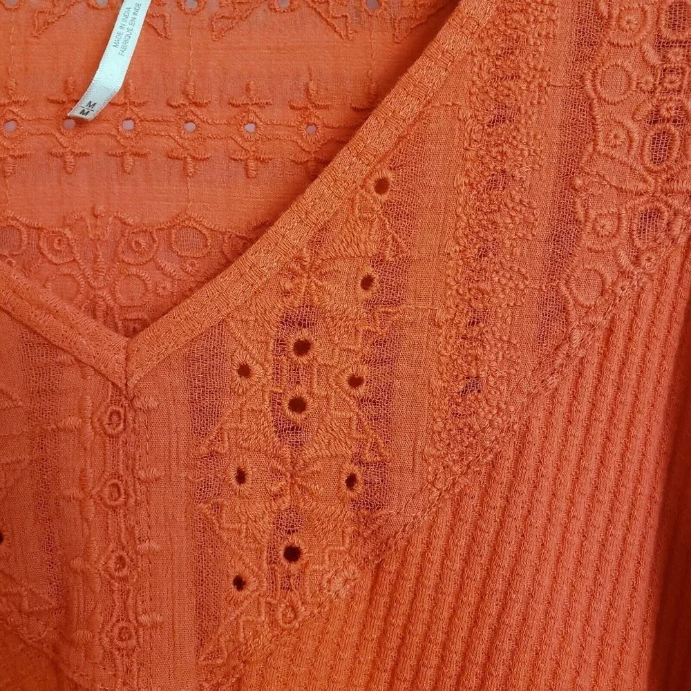 Free People Womens M Top Red Flared Sleeve Eyelet Embroidered V-Neck Blouse - Picture 8 of 12